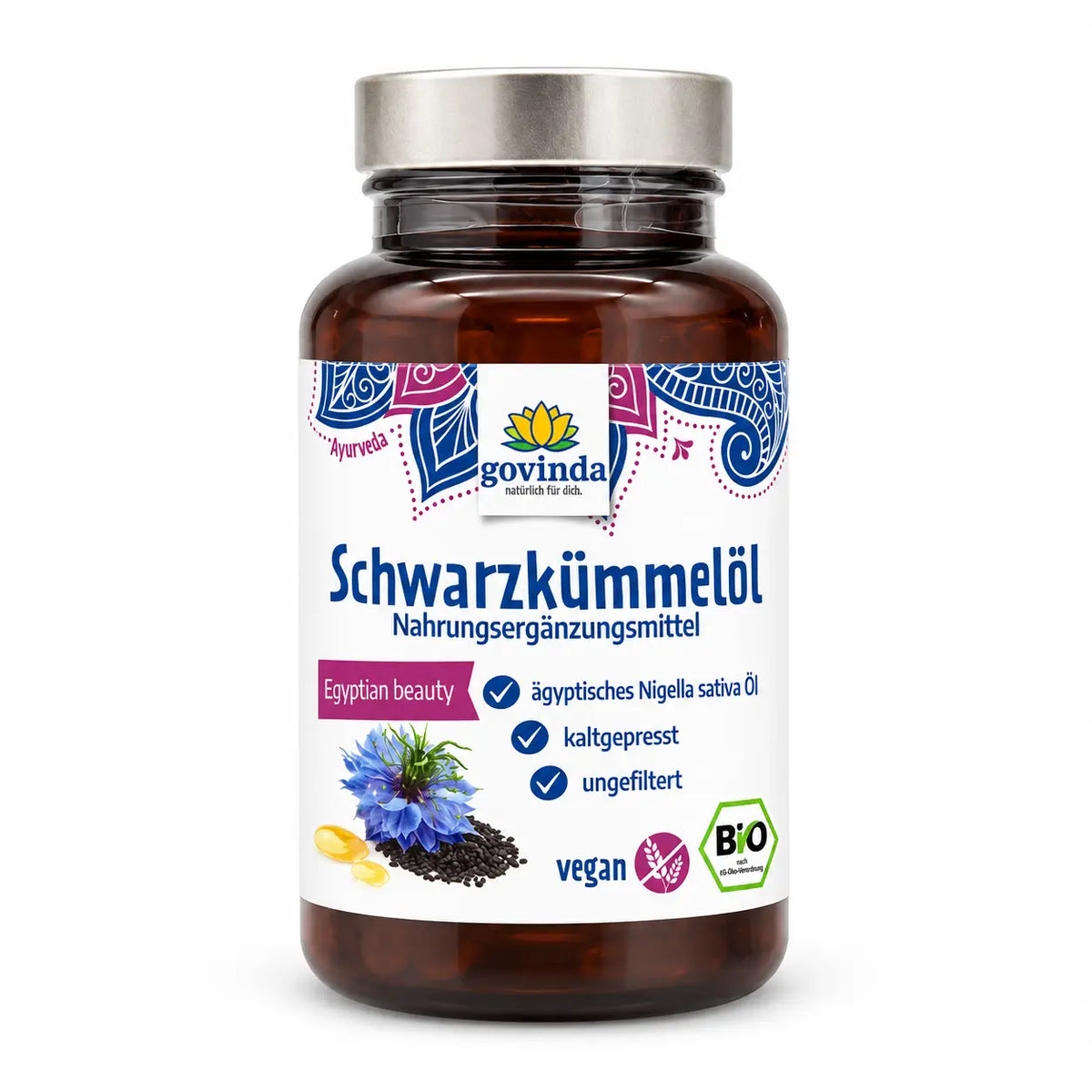 Bio Schwarzkümmelöl Kapseln von Govinda, 120 vegane Kapseln, Nahrungsergänzung in braunen Kapseln sichtbar