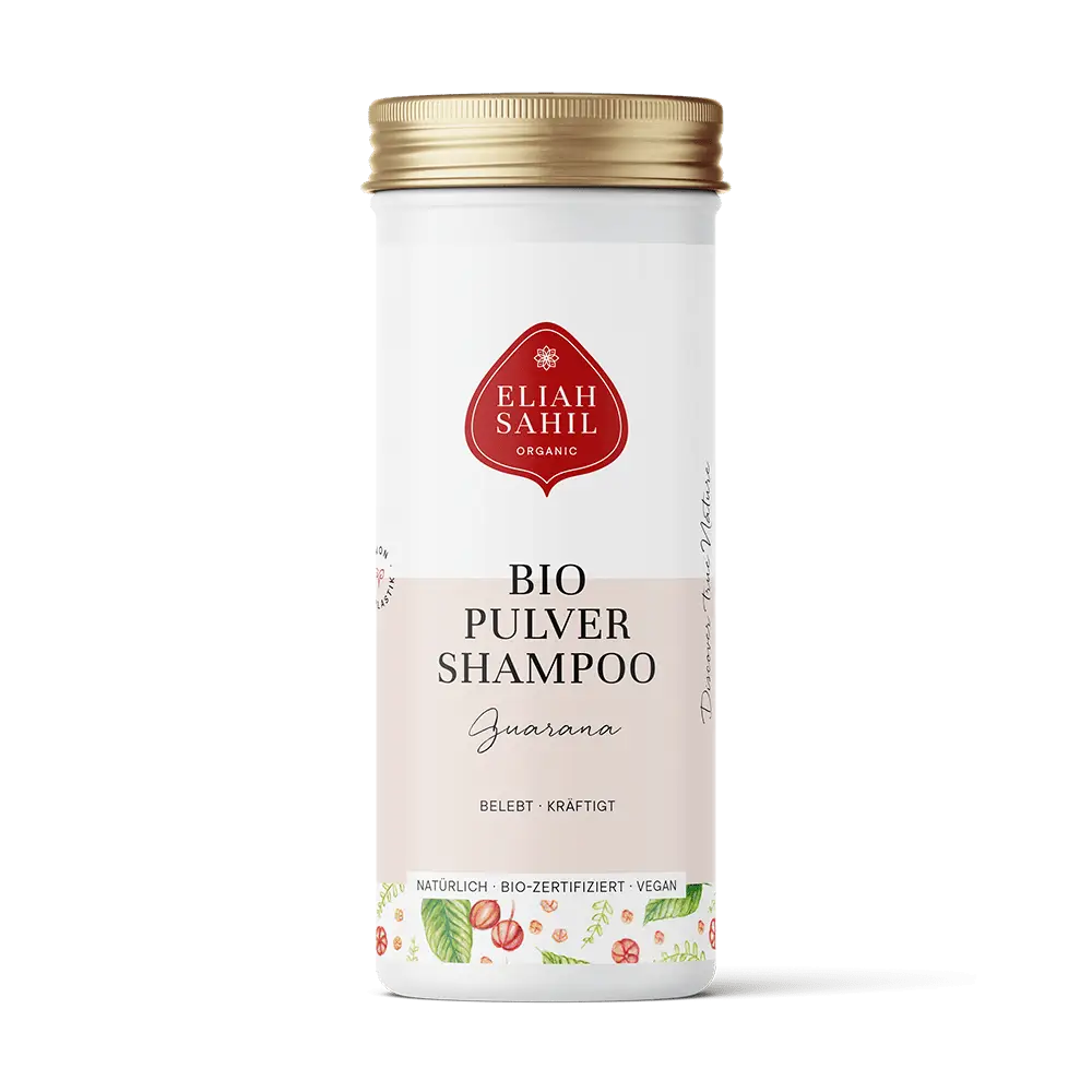 Bio Shampoo Guarana von Eliah Sahil für fettiges Haar und Haarausfall, belebend und kräftigend, zeigt die Flasche mit Shampoo und Guarana-Extrakt