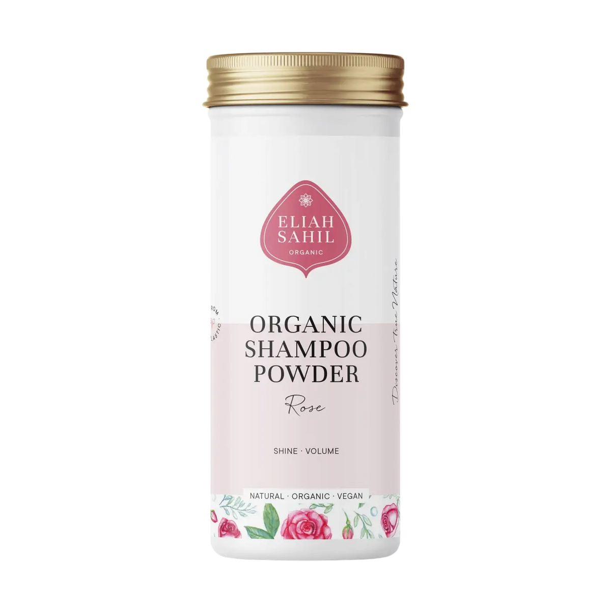 Bio Rosen-Shampoo für Haare, 100g, von Eliah Sahil Organic Care, zeigt die Flasche mit rosigem Shampoo in einer natürlichen Umgebung