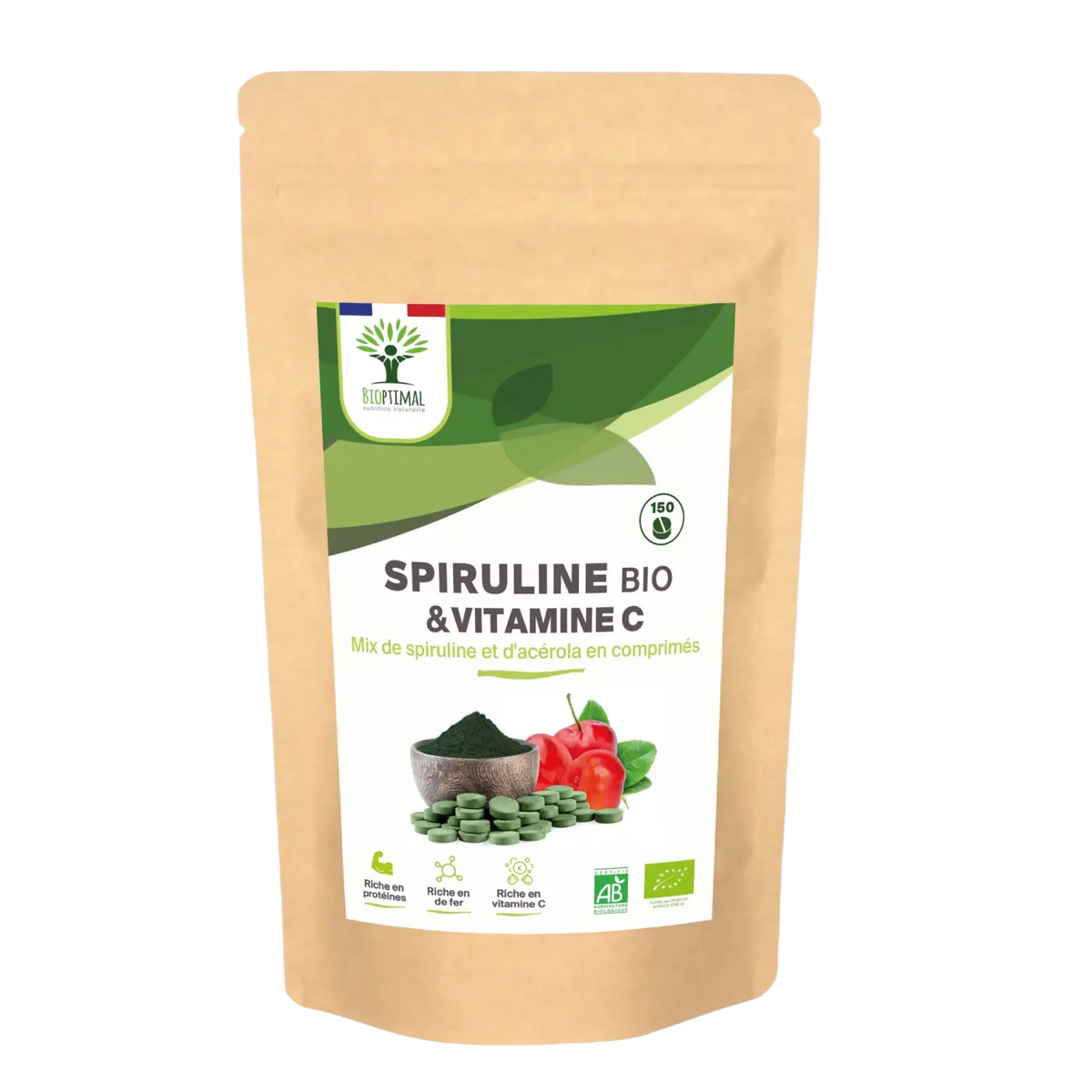 Bioptimal Bio-Spirulina und Vitamin C Nahrungsergänzung in Tablettenform für mehr Energie und Wohlbefinden, Nahaufnahme der Tabletten
