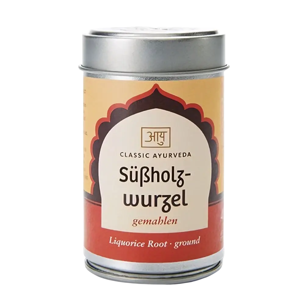 Bio Süßholzwurzel gemahlen in zylindrischem Metallbehälter, Gewürz von Classic Ayurveda, naturbelassenes Bio-Gewürz