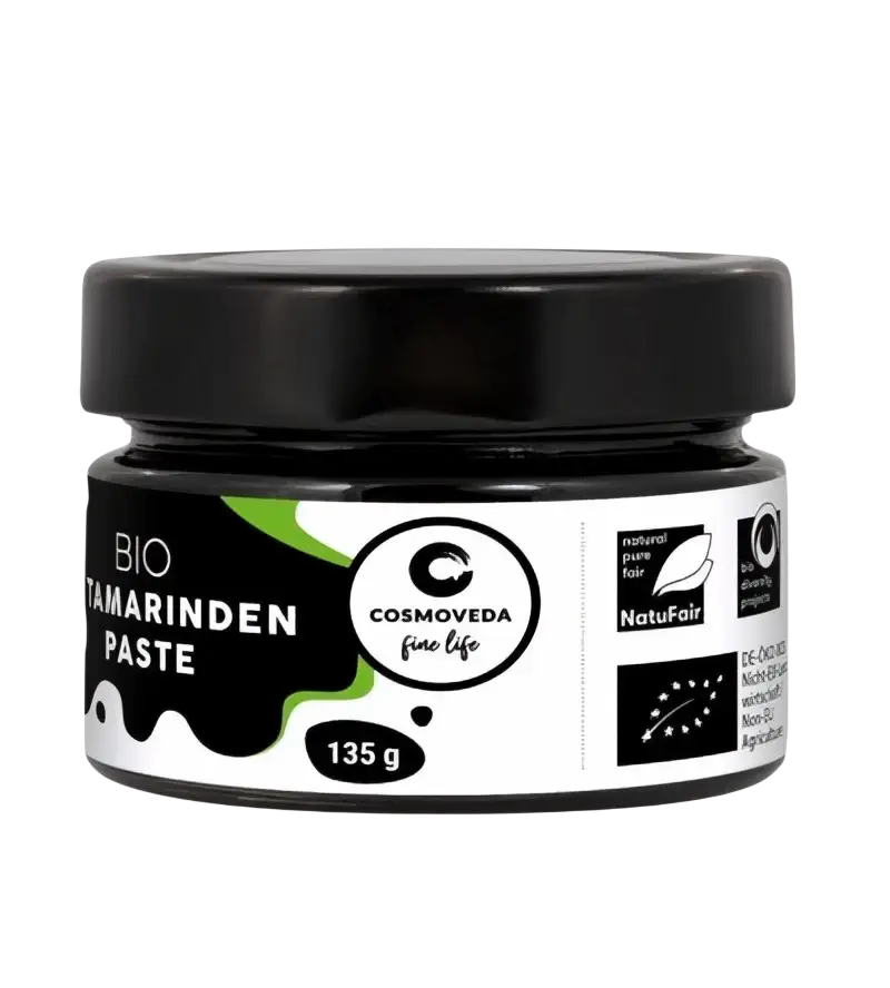 Bio Tamarinden Paste von Cosmoveda, exotische Gewürzpaste für Curry und Pad Thai, 135g, cremige braune Würzpaste in Glas.