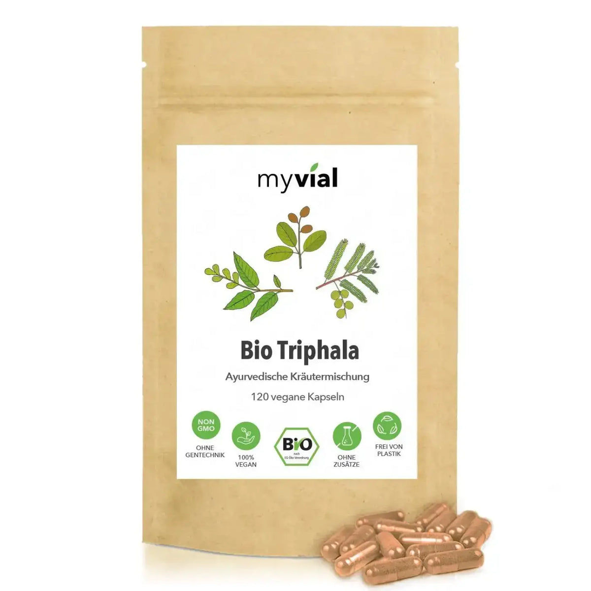 Bio Triphala Nahrungsergänzung, 120 vegane Kapseln von myvial, ayurvedische Kräuter für Gesundheit und Wohlbefinden.