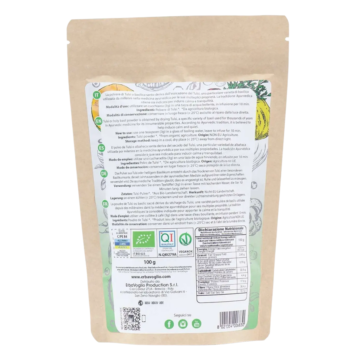 Bio-Tulsi-Pulver von Erbavoglio, 100g, für Stress, Schlaf und innere Ruhe, in einer transparenten Dose mit Pulver.