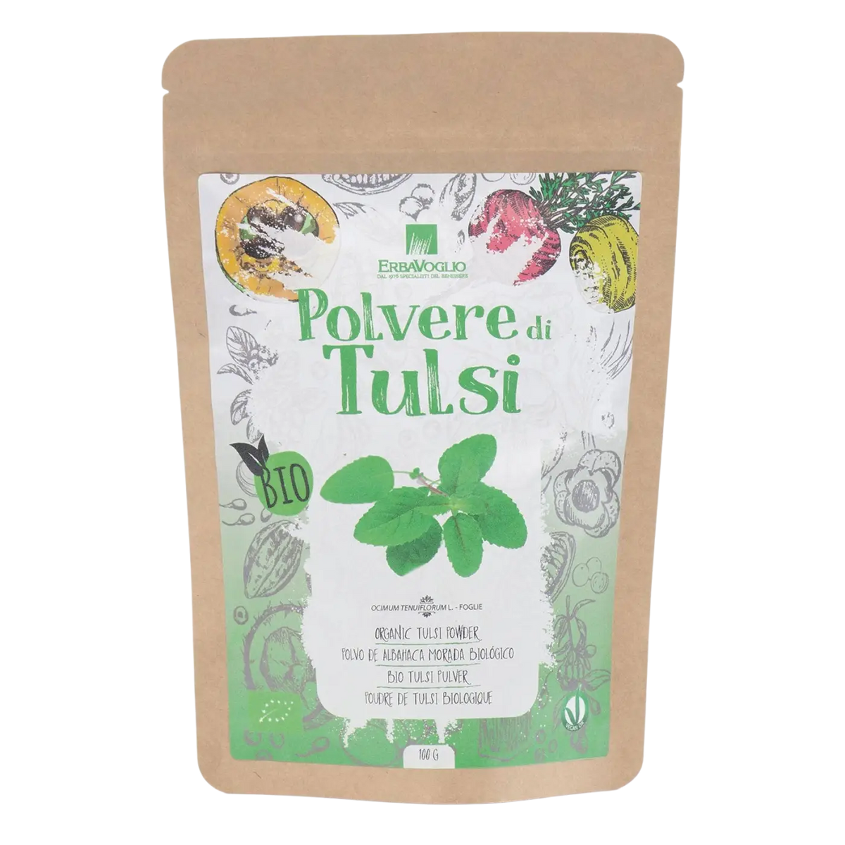 Bio-Tulsi-Pulver von Erbavoglio, 100g, für Stress, Schlaf, Angst und innere Ruhe, in einer transparenten Verpackung