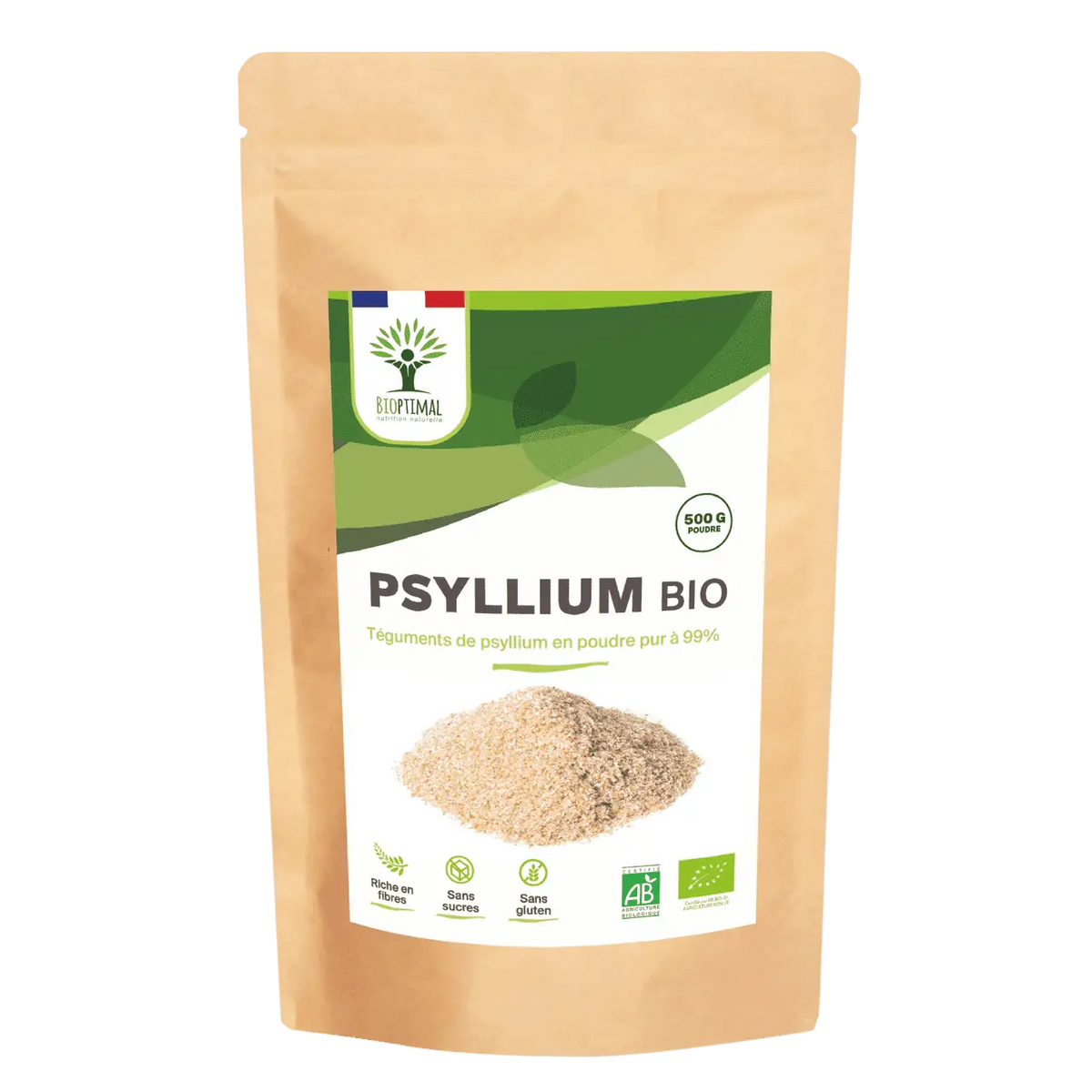 Bio blondes Flohsamenpulver von Bioptimal, 500 g Nahrungsergänzung, feines, helles Flohsamengranulat in Beutel.