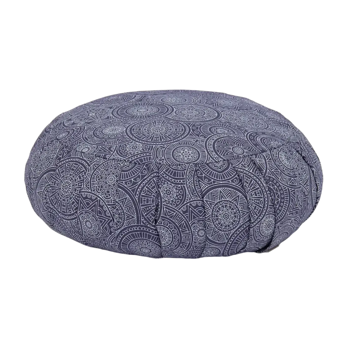 Rundes bodhi zafu maharaja meditationskissen in dunkelblau mit weißem mandaladesign und dinkelhülsenfüllung