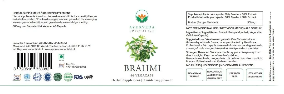 Brahmi Ayurveda Kräuterformel Nahrungsergänzungsmittel von Ayurveda Specialist B.V. in einer Verpackung.