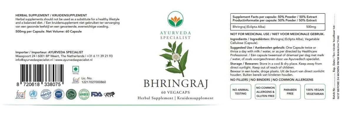 Bringaraj Kapseln, Ayurveda Nahrungsergänzung mit Bhringraj Kräuterextrakt in einer Packung, natürliche ayurvedische Heilpflanzen.