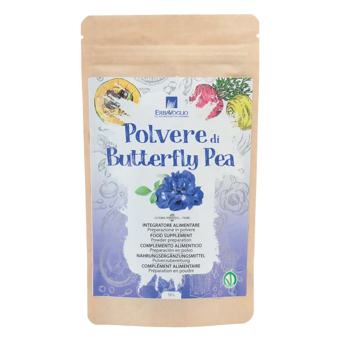 Erbavoglio Butterfly Pea Pulver in Beutel, 50 g, als Nahrungsergänzung, feines bläuliches Pulver in Beutel