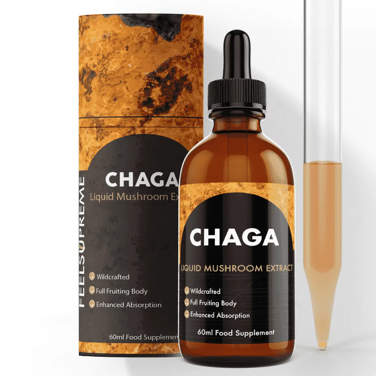Chaga-Pilz-Flüssigextrakt von Feel Supreme, 60 ml, für Immunsystem, Entzündungen und Vitalität, flüssige Nahrungsergänzung