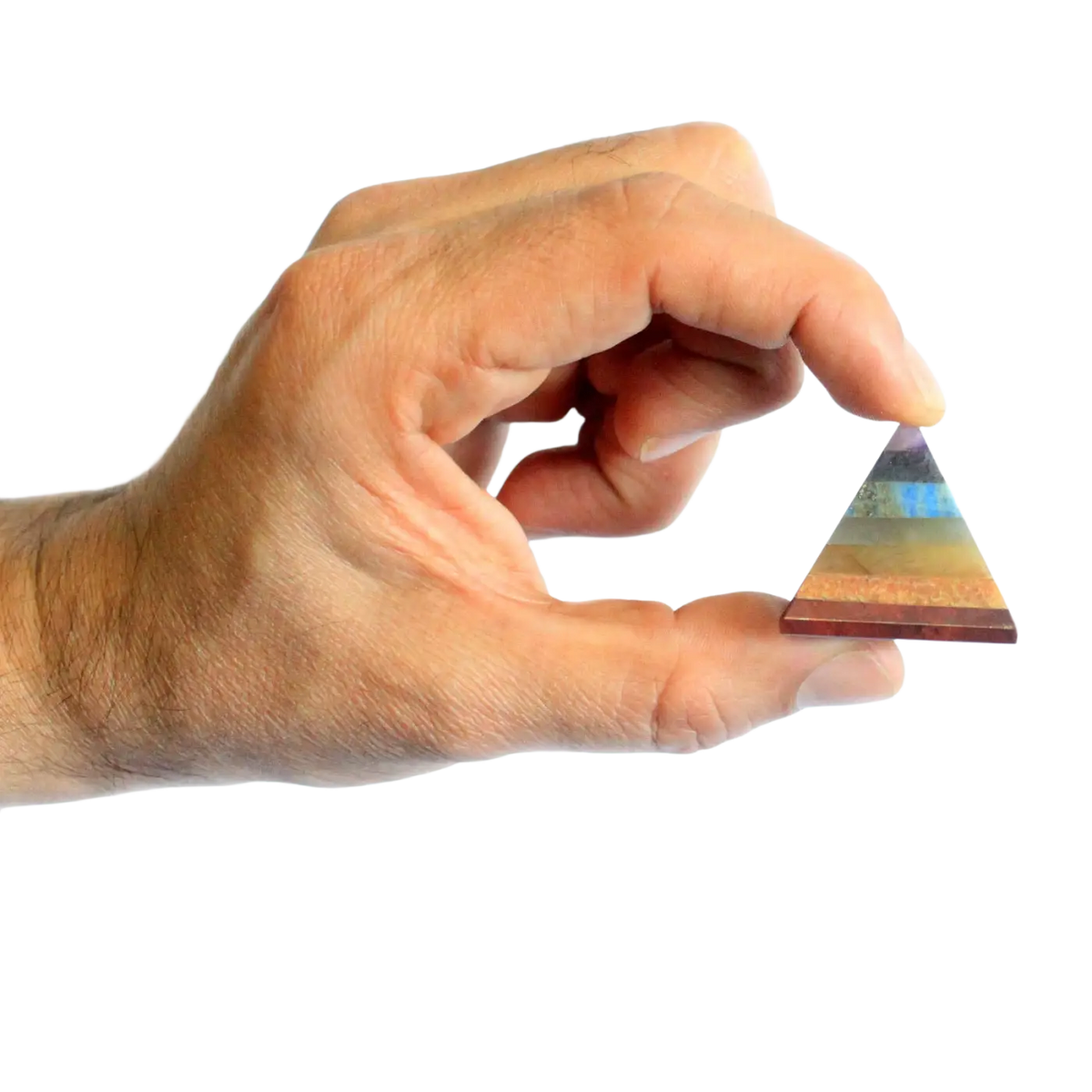Handgefertigte 7-chakra-pyramide aus edelsteinen 30–35 mm in regenbogenfarben gehalten gezeigt im mana shop image to zoom