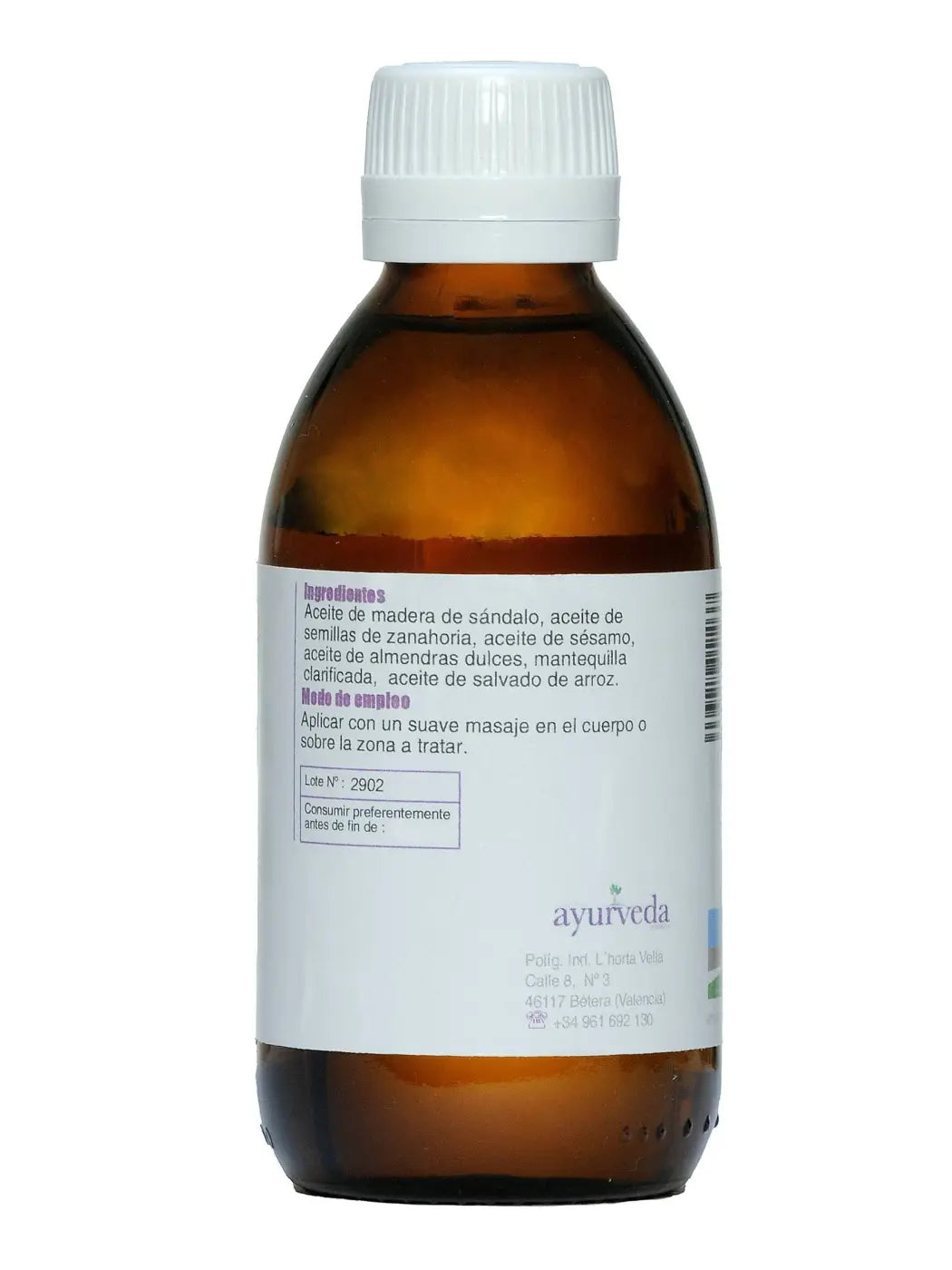 Chandana-Öl für entspannende Massage, Sandelholz und Karottensamenöl, Ayurveda Auténtico, Flasche mit Massageöl.
