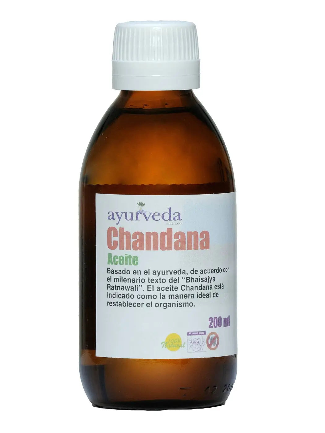 Chandana-Öl von Ayurveda Auténtico, entspanntes Massageöl mit Sandelholz und Karottensamenöl, flüssige Textur in dunkler Flasche