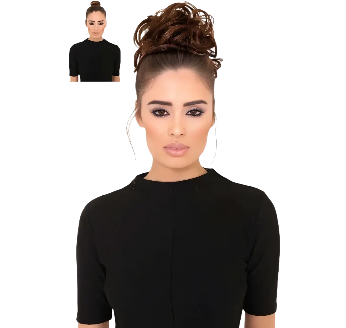 Braune chaotische Haargummis zusammen mit einem gestylten braunen Haarknoten, natürliche Frisur, flexible Haarschmuck.