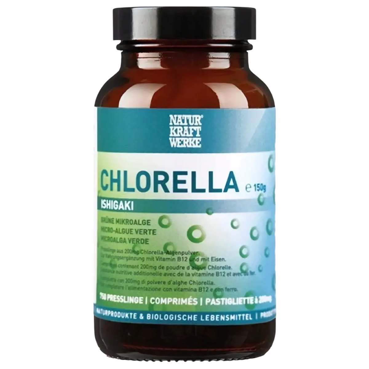 Chlorella Ishigaki Pulver in brauner Glasflasche, Nahrungsergänzung von NaturKraftWerk, 60g Chlorella Pulver für Gesundheit