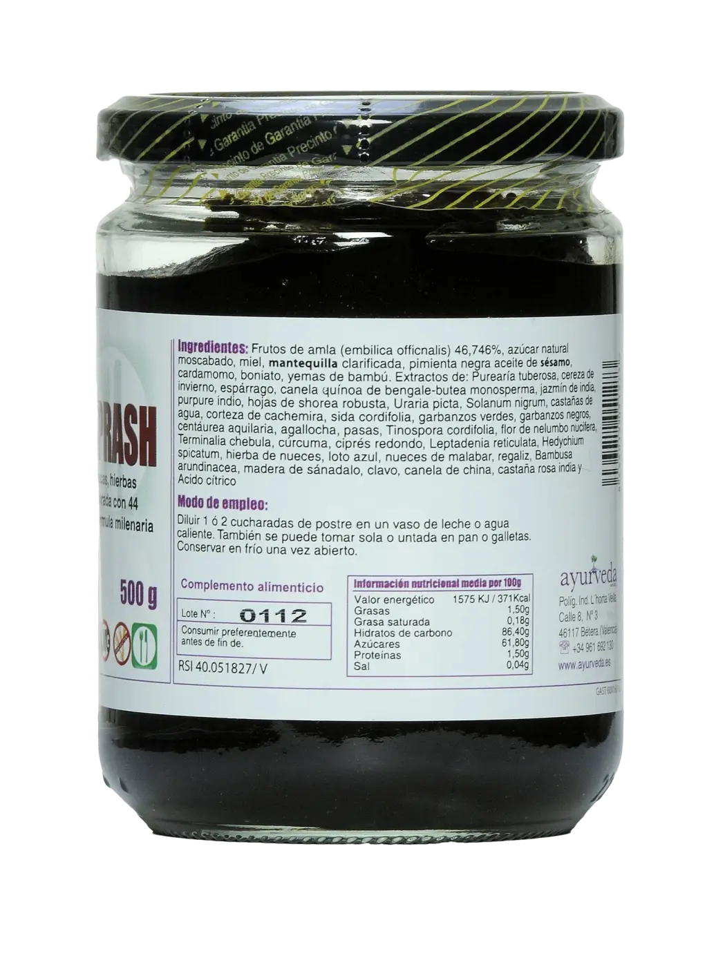 Ein glas gefüllt mit dunklem, dickem paste chyawanprash ayurveda klassisches ayurveda kräuterelixier mit amla 500g