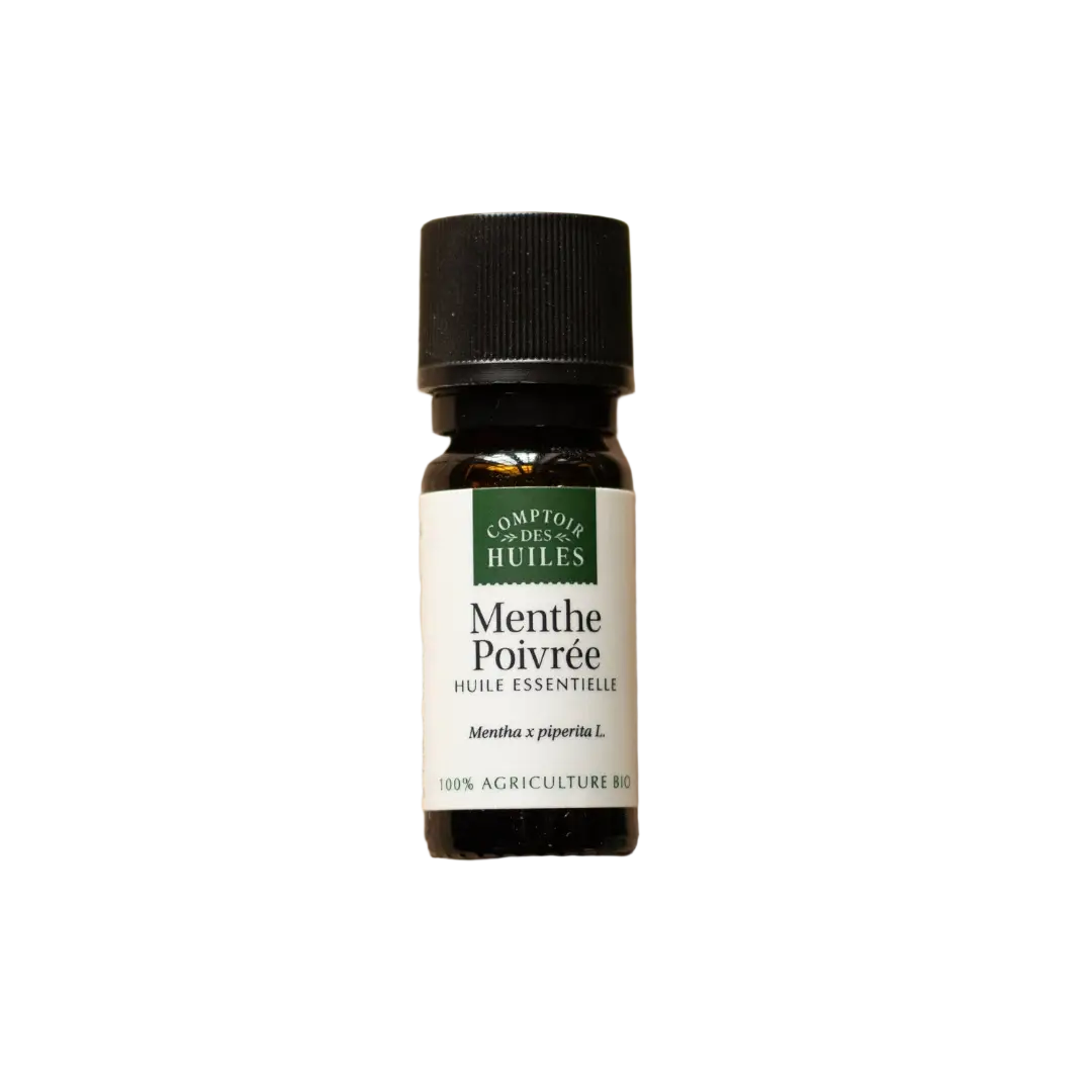 Kleine dunkle glasflasche mit schwarzem rippverschluss und weißem etikett menthe poivrée huile essentielle von comptoir des huiles organic peppermint essential oil