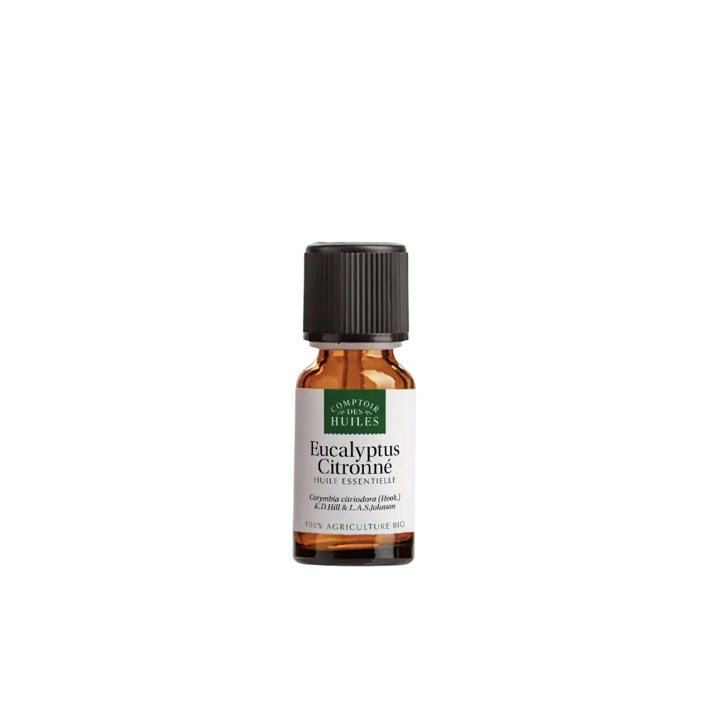 Ätherisches Zitronen-Eukalyptusöl von COMPTOIR DES HUILES in einer Flasche, bio, mit Zitronen- und Eukalyptusduft