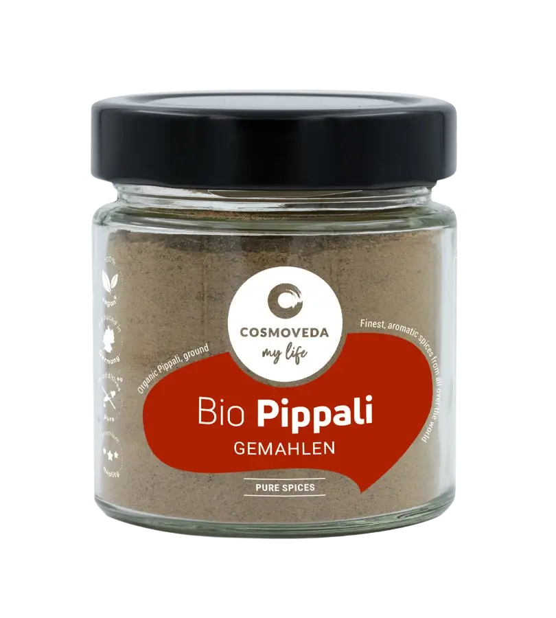 Cosmoveda Pippali gemahlen, Bio Langpfeffer, für Stoffwechsel und Immunabwehr, in einer transparenten Gewürzverpackung