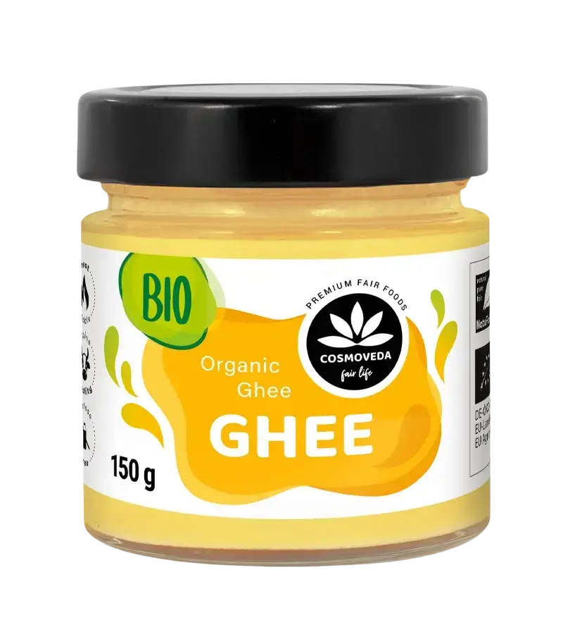 A 150g jar of cosmoveda pure ghee bio with a clear glass body black lid and yellow label featuring green bio branding