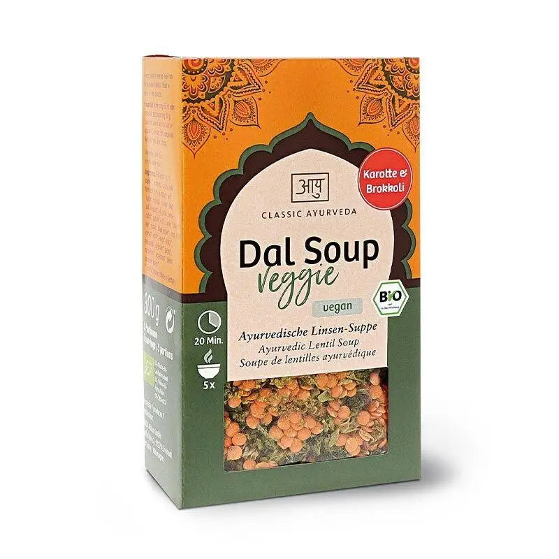 Ayurvedische Dal Soup Veggie mit Brokkoli und Paprika, getreide- und hülsenfrüchtebasierte Linsensuppe von Classic Ayurveda