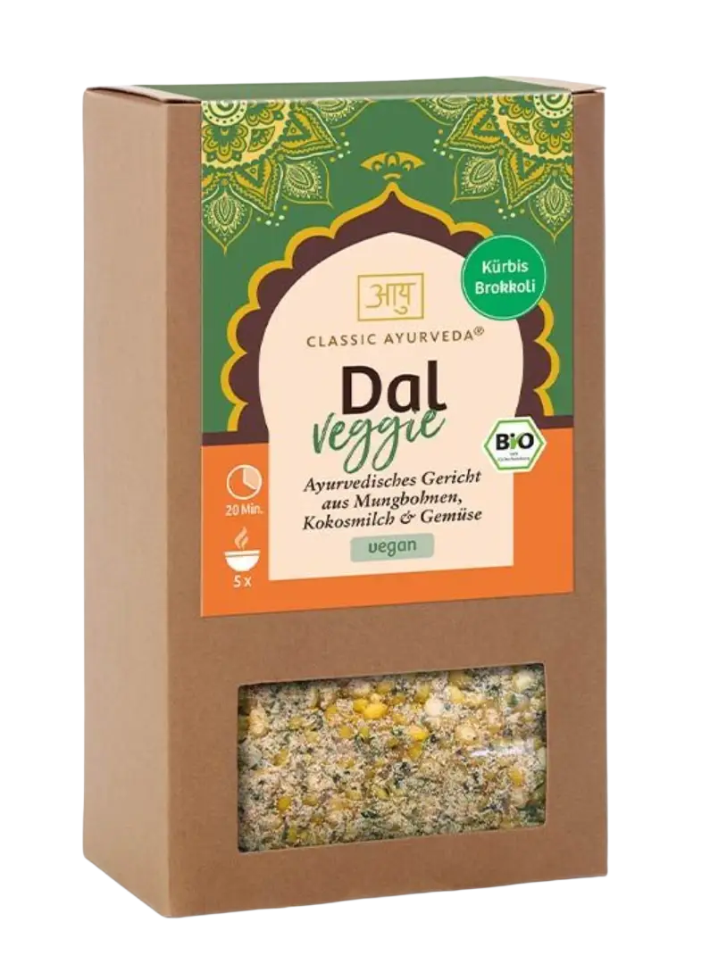 Bio Dal Veggie aus Mungbohnen, Kokosmilch und Gemüse, ayurvedisches Gericht, von Classic Ayurveda, in einem Teller serviert