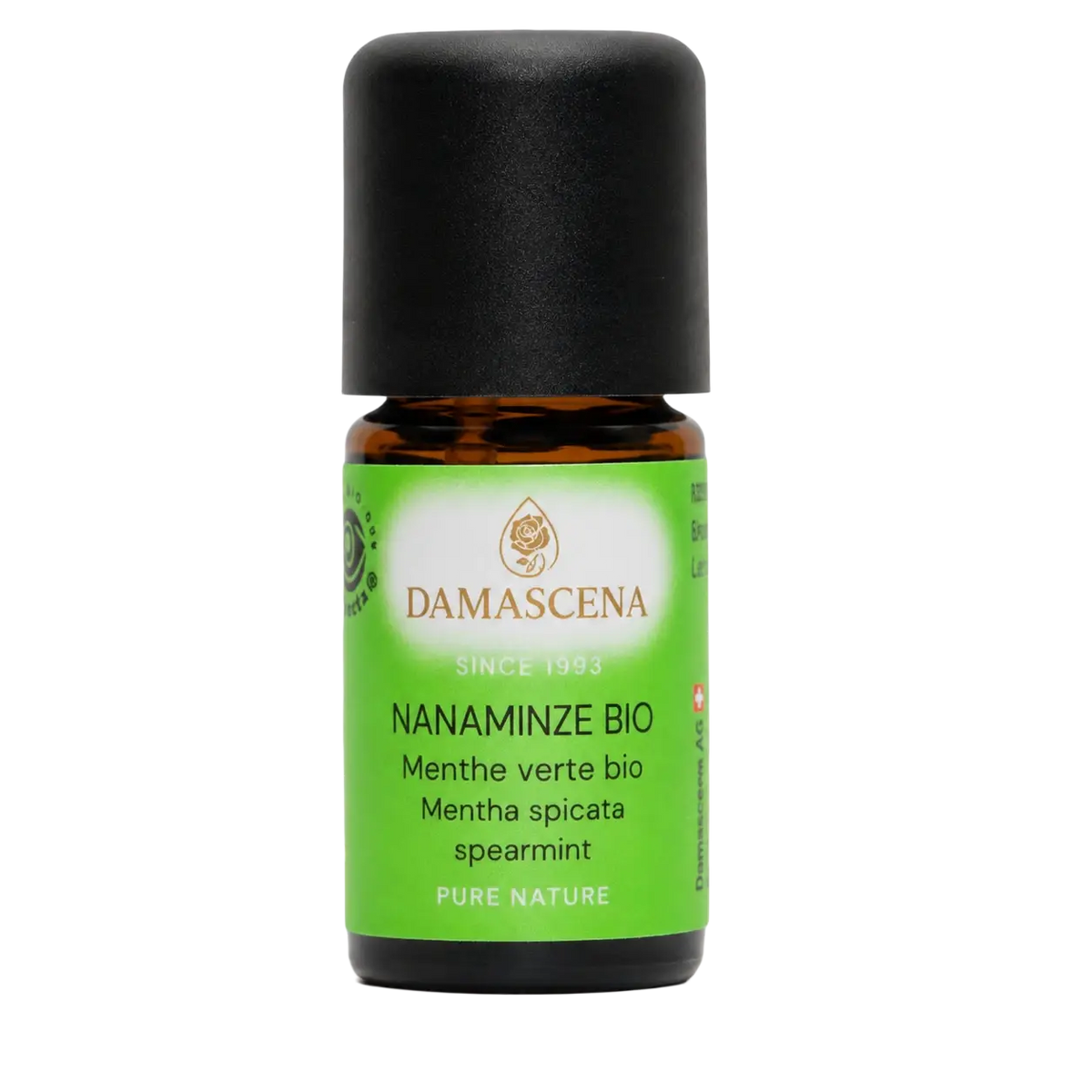 Damascena Bio Nanaminze ätherisches Öl 5 ml, naturreines Spearmintöl, für Frische, Klarheit und Wohlbefinden, Flasche auf weißem Hintergrund