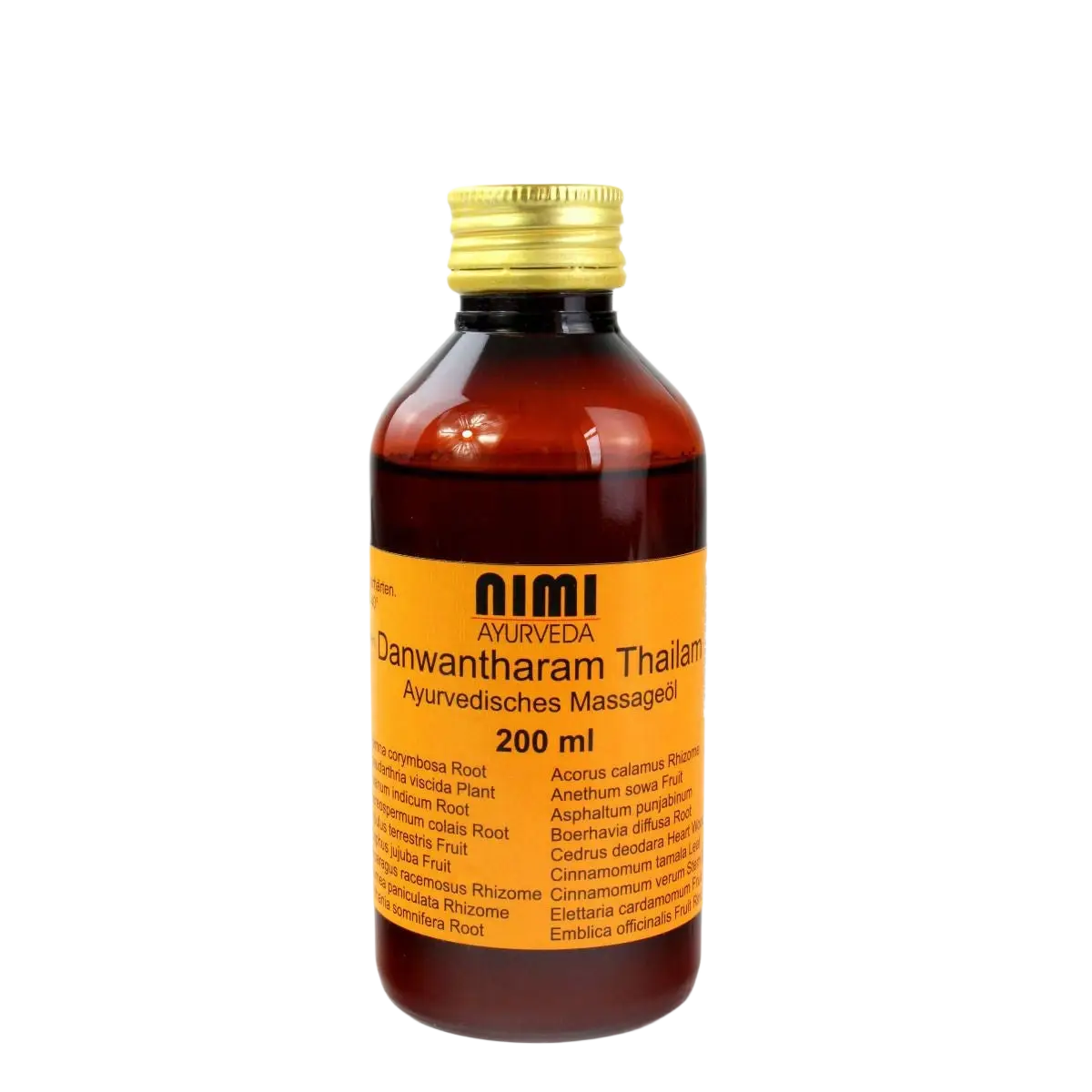 AHG Danwantharam Thailam ayurvedisches Massageöl für Stärke und Balance, Flasche mit goldener Verschlusskappe, Nahaufnahme