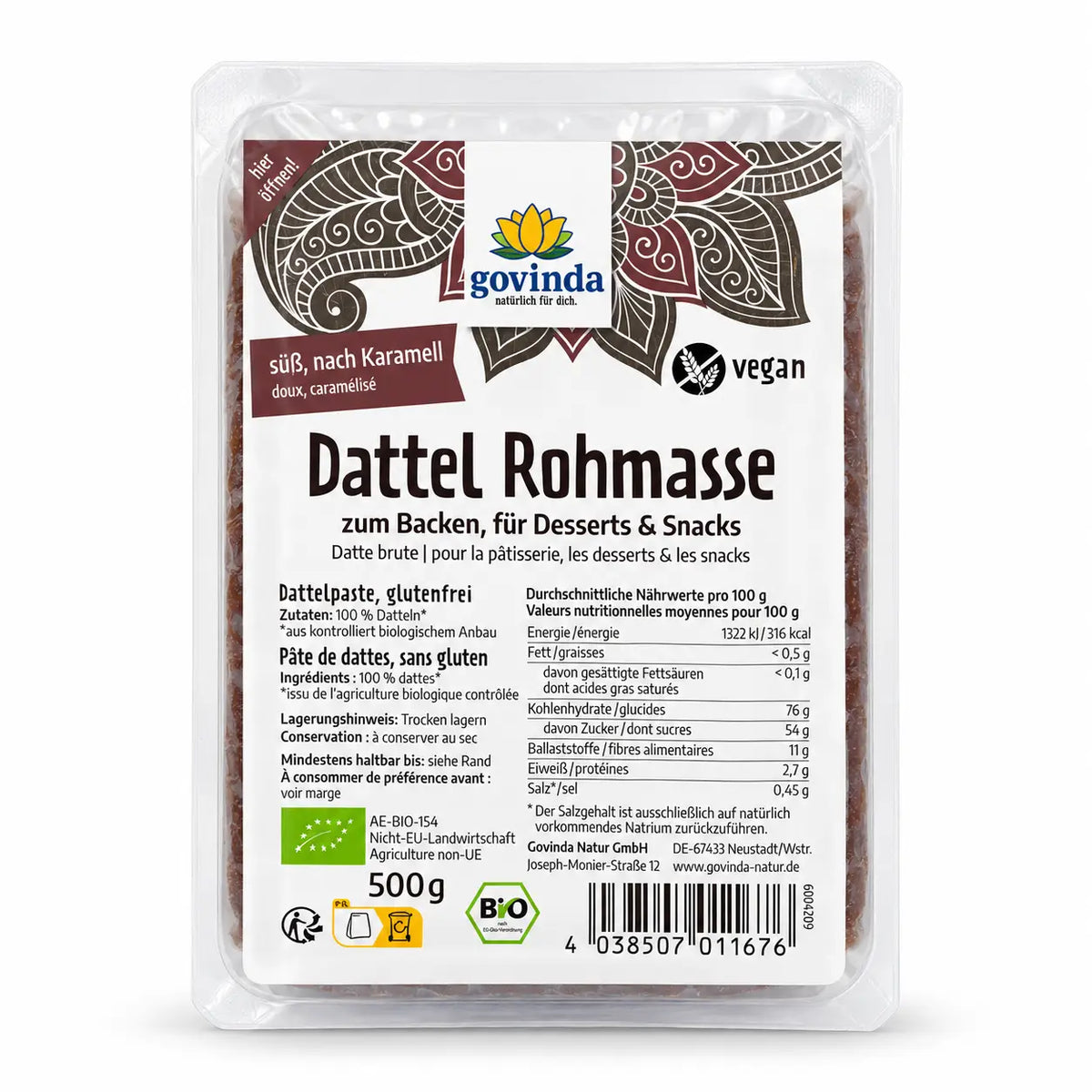 A 500g govinda bio dattel-rohmasse 100 prozent datteln in transparenter plastikverpackung mit braun-weißer etikette