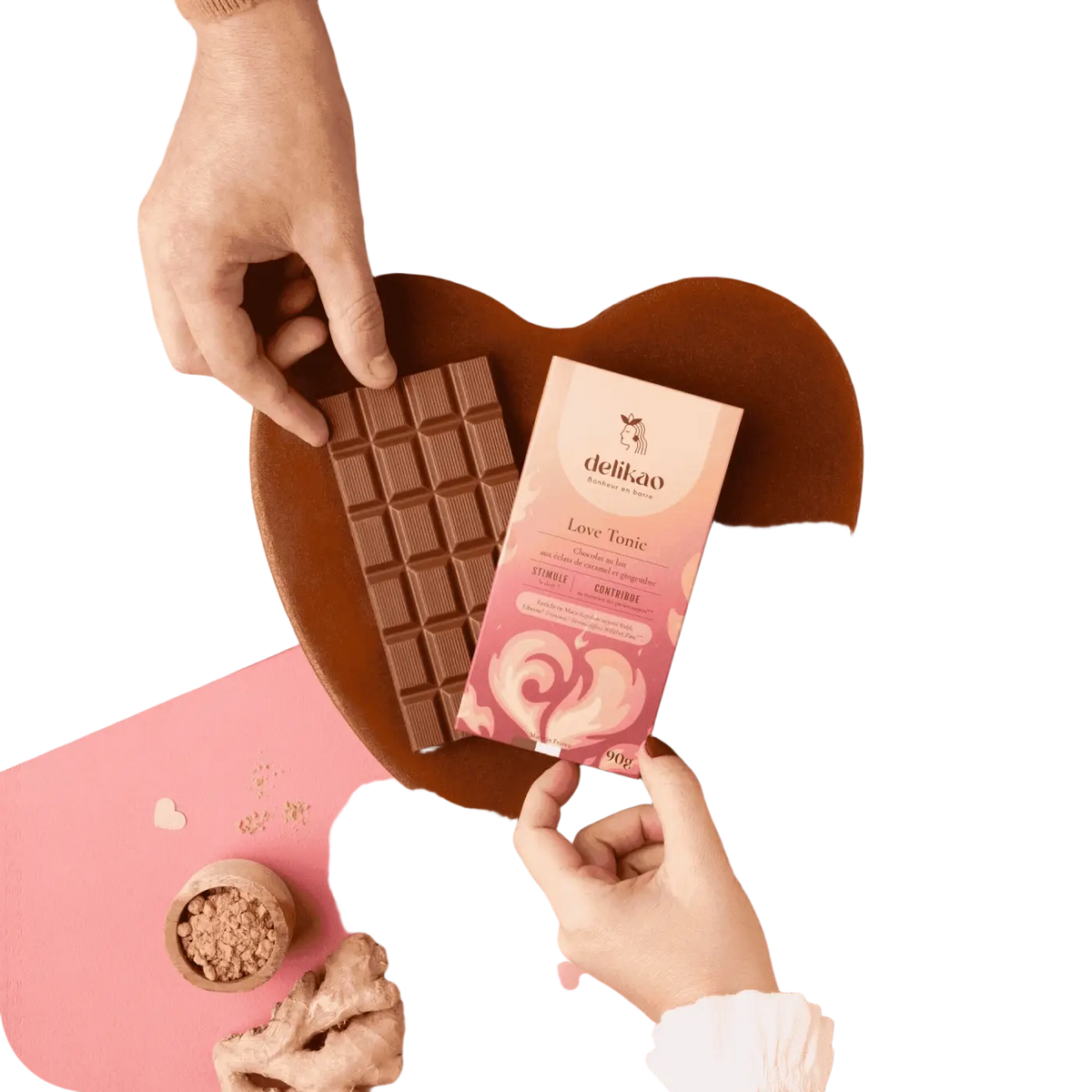 Delikao Love Tonic Milchschokolade mit Karamell, Maca und Ingwer, verlockende Süßigkeit für besondere Momente