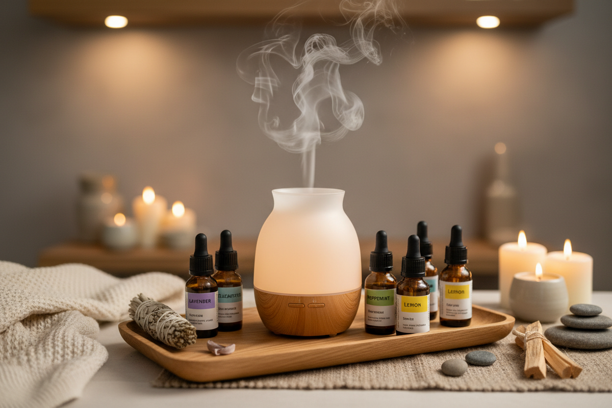 Aromatherapie Diffusor mit aufsteigendem Dampf und ätherischen Ölen auf einem Holztablett.