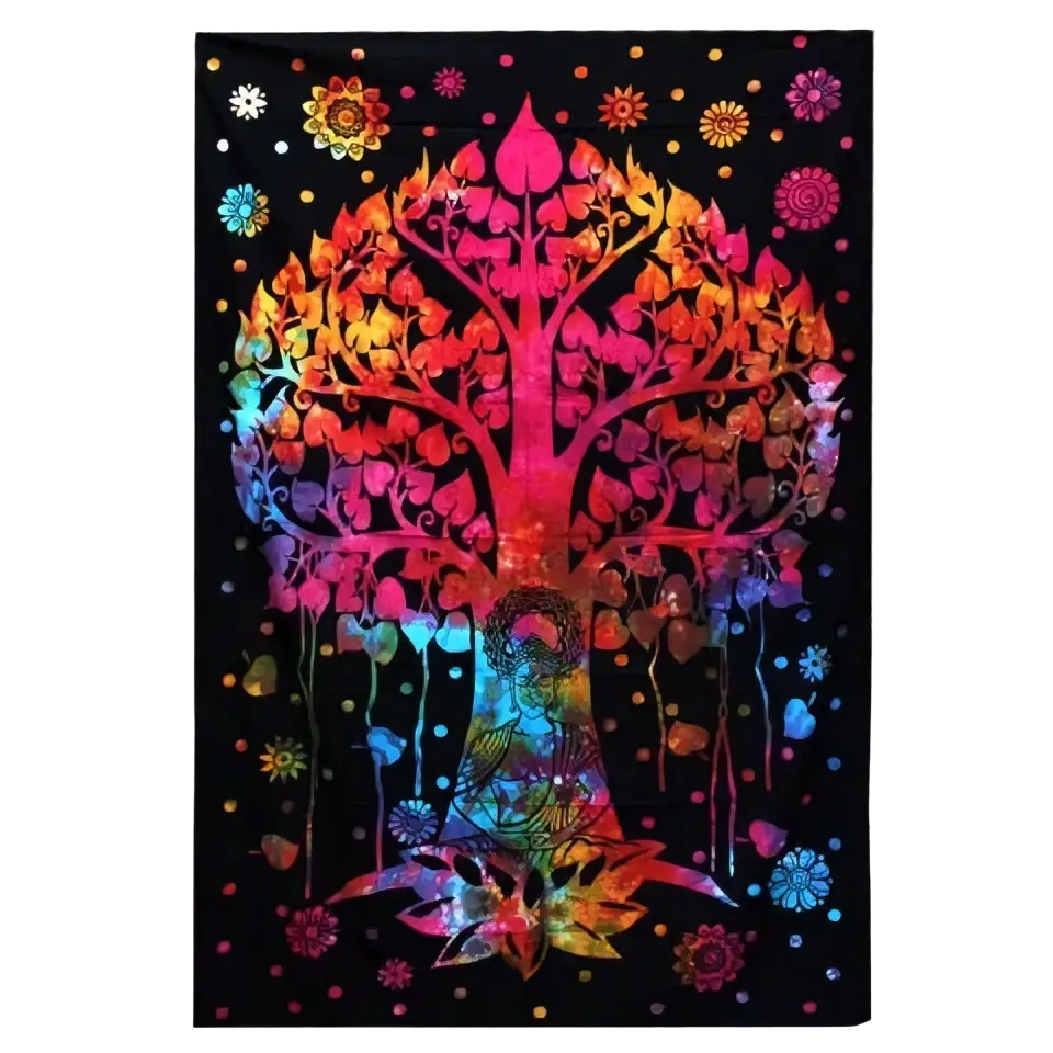 Doppelbettdecke und Ritualtuch aus Baumwolle mit Wandteppich, Bodhi Arbol, 230x200 cm, handgefertigt von AW Artisan.