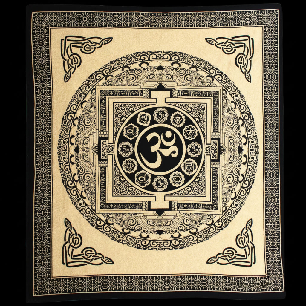 Doppelbettdecke, Ritualtuch und Wandbehang aus Baumwolle mit OM Mandala, 230x200 cm, handgefertigter Wandteppich von AW Artisan