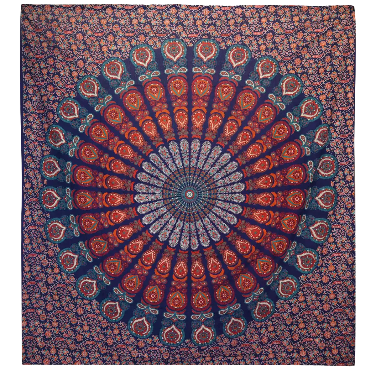 Blaue Doppelbettdecke und Ritualtuch mit Mandala und Pfau-Motiv aus Baumwolle, Wandbehang im Boho-Stil, 230x200 cm