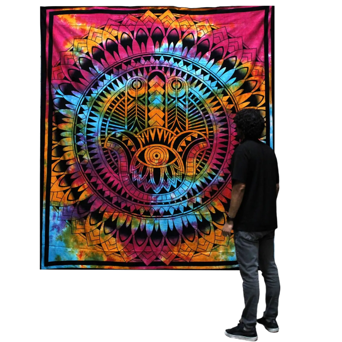 Hamsa Wandbehang aus Baumwolle, Ritualtuch und Doppelbettdecke, 230x200 cm, von AW Artisan, mit buntem Hamsa-Motiv