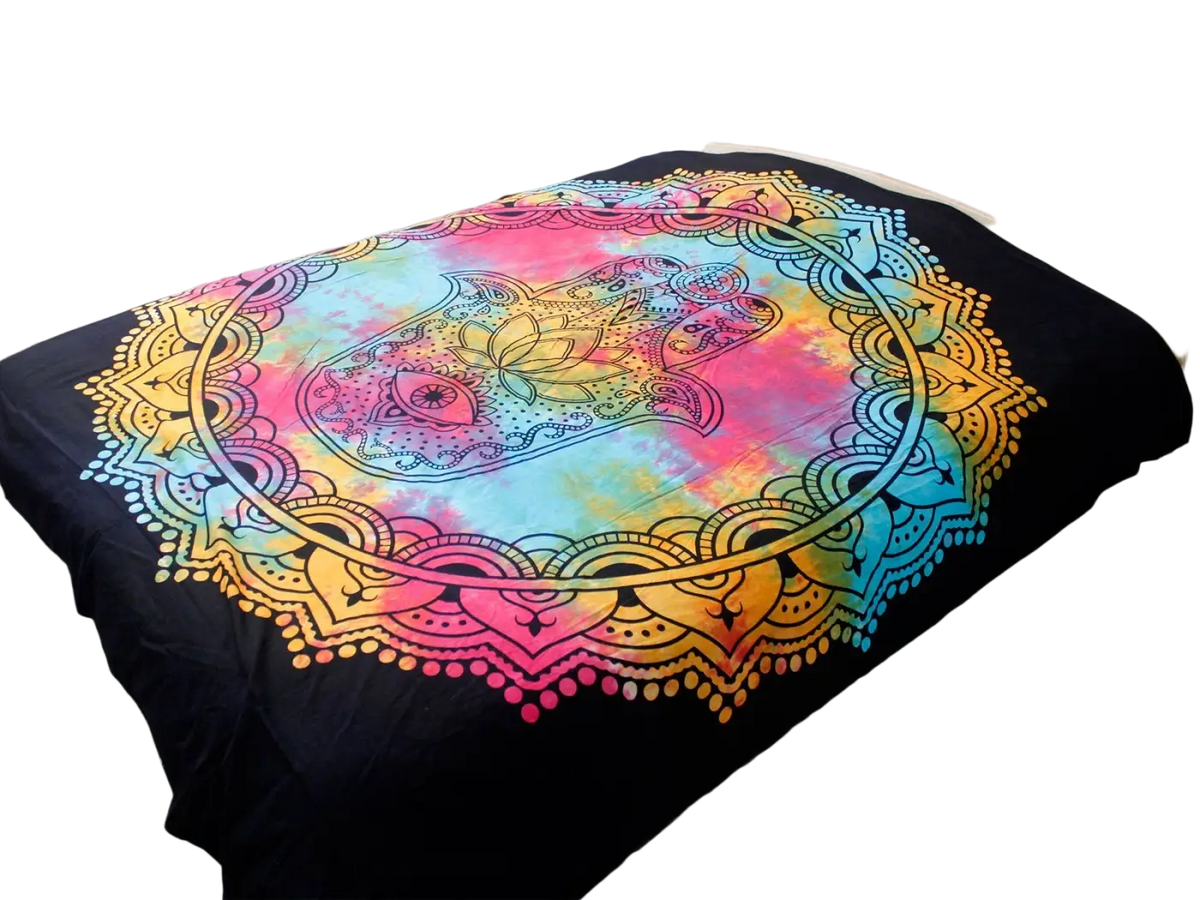 Doppelbettdecke und Ritualtuch aus Baumwolle mit Hamsa-Schwarz-Motiv, Wandteppich in 230x200 cm, von AW Artisan
