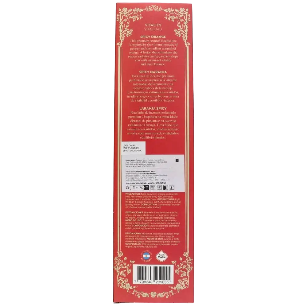 Rote rechteckige Verpackung mit Duftweihrauch Premium Orange Pfeffer Räucherstäbchen von Vives de la Cortada S.L