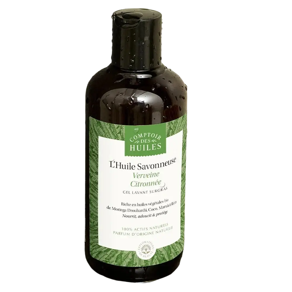 Duschöl für Haare mit Zitrone und Eisenkraut in einer bernsteinfarbenen Glasflasche, von Comptoir des Hules.