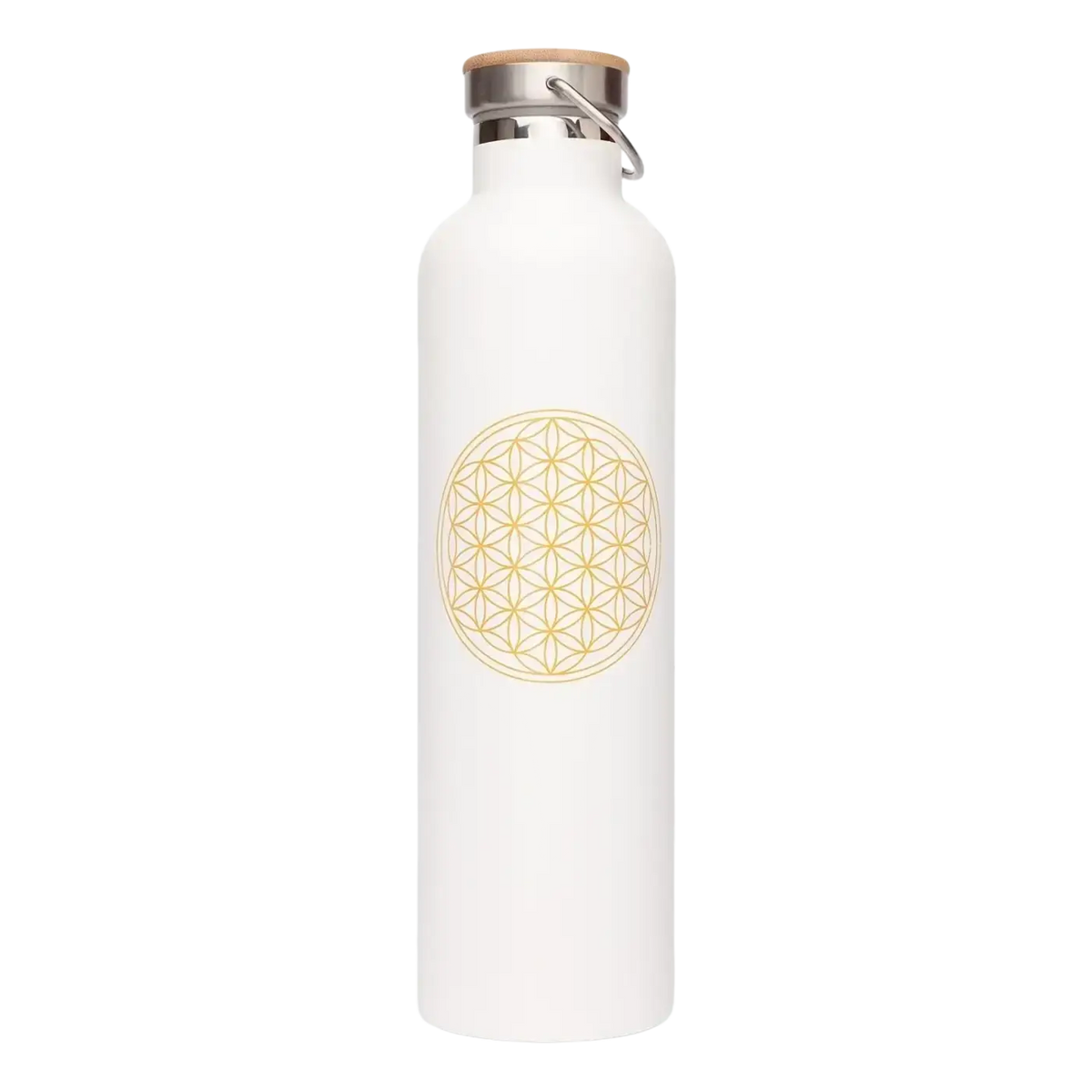 Edelstahl-isolier-trinkflasche 1l weiß matt mit gold floralem design und bambusdeckel aus thermosflasche aus stahl