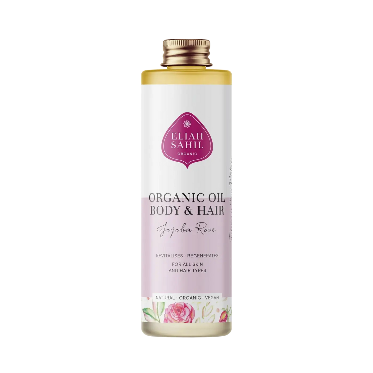 Eliah Sahil Bio Jojoba & Rose Pflanzenöl für Haare, sorgt für Hautbalance und Haarpflege, in einer eleganten Flasche.