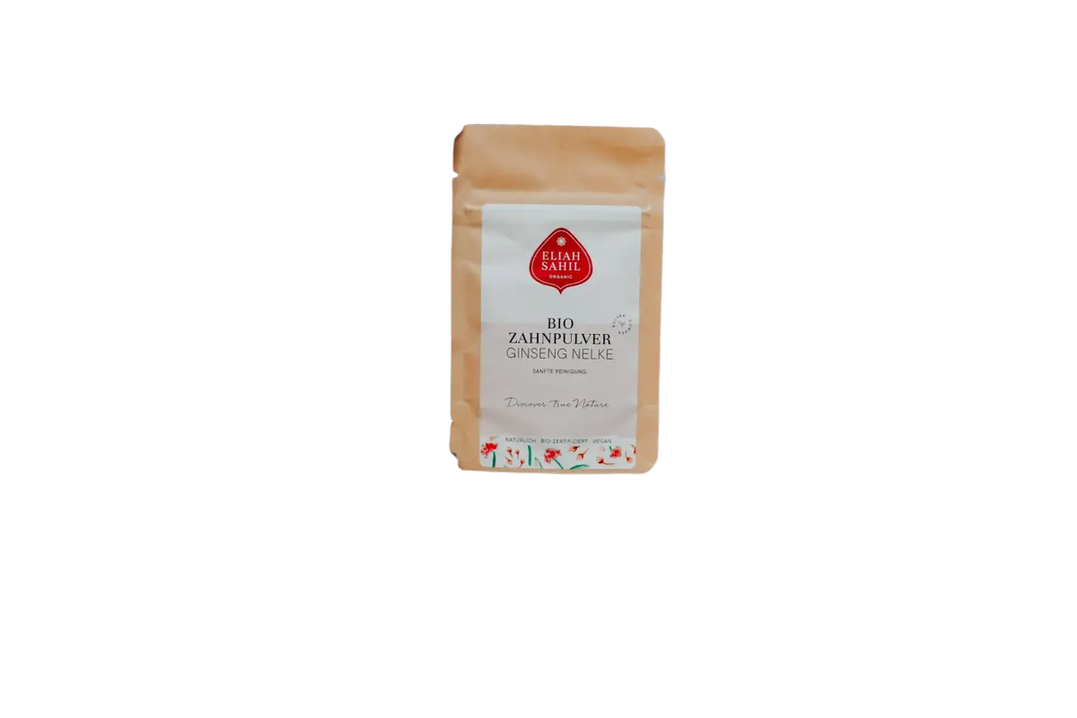 Eliah Sahil Bio Zahnpulver Ginseng in Travelgröße, 5g, in beutelartige Verpackung, natürliches Zahnreinigungspulver.