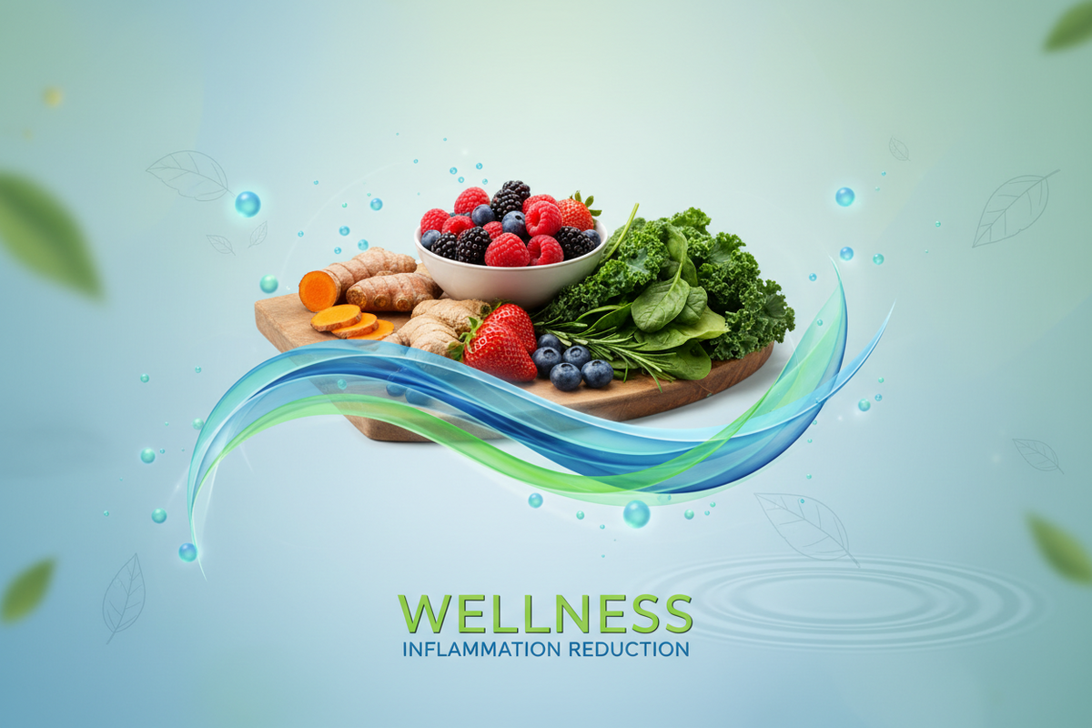 Gesunde Superfoods wie Beeren, Grünkohl und Ingwer zur Entzündungshemmung für Wellness.