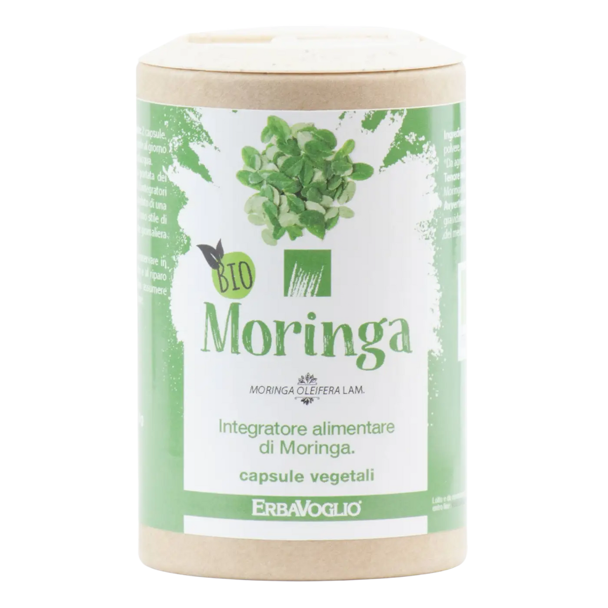 Erbavoglio Bio-Moringa-Kapseln, Nahrungsergänzung in zylindrischer Verpackung, hochwertige Naturkosmetik.