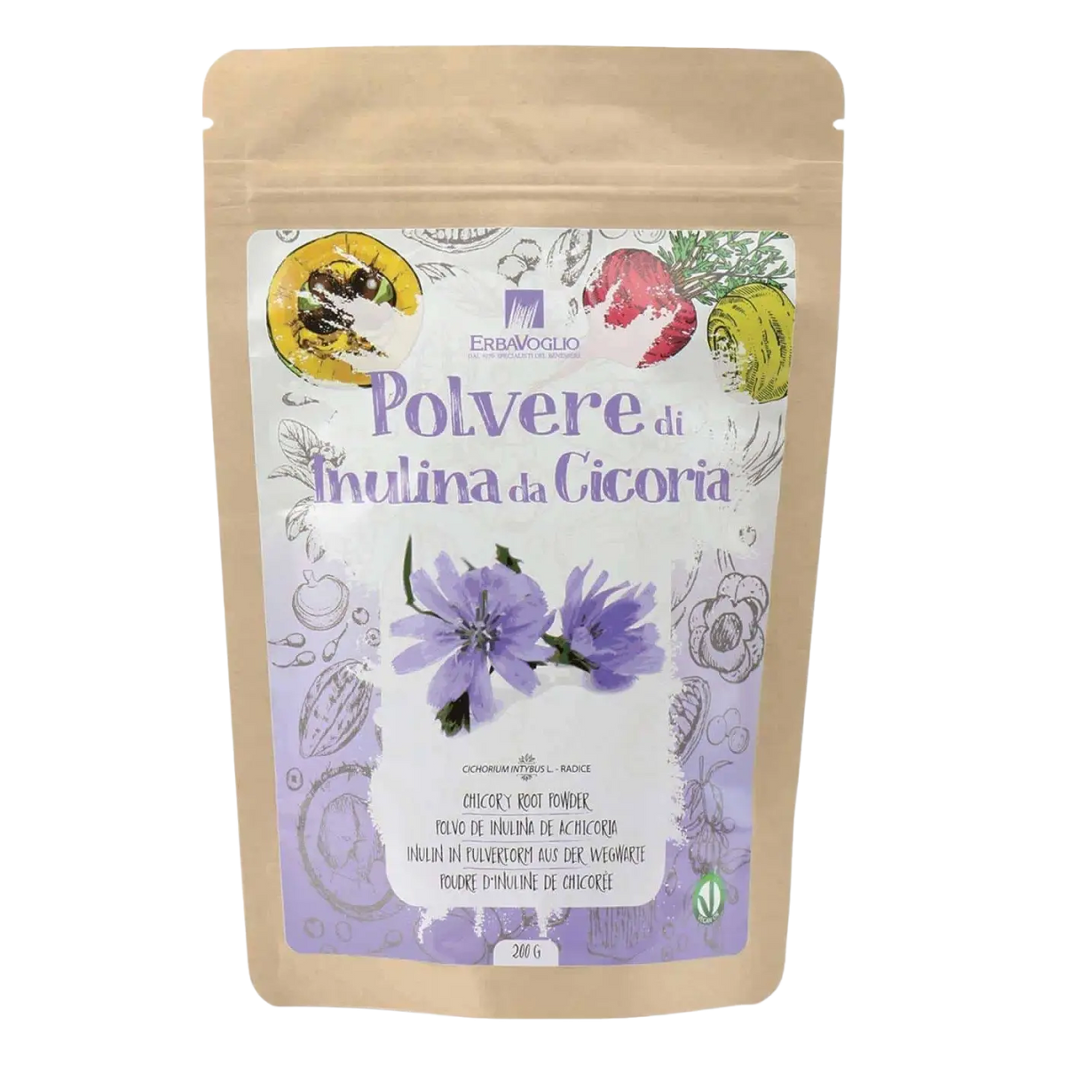 Erbavoglio Chicorée-Inulinpulver, prähbiotisches Nahrungsergänzungsmittel für Darmflora und Mineralstoffaufnahme, Nahaufnahme der Verpackung.