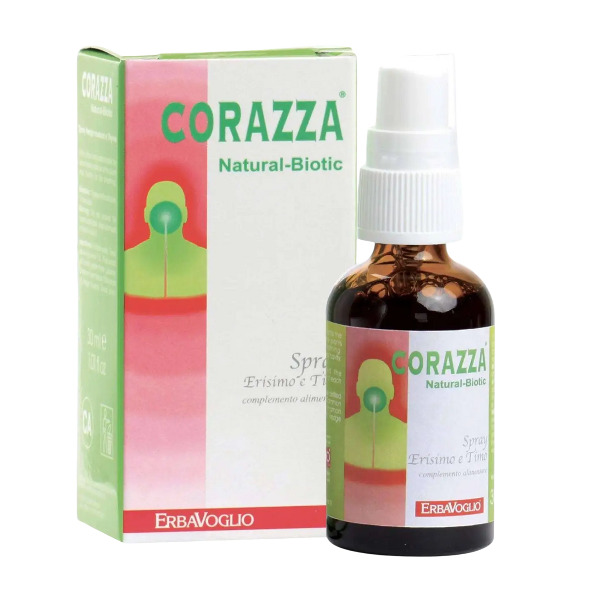 Gesichtsspray Erbavoglio Corazza Natural Biotic mit Erisimo und Thymian gegen Halsbeschwerden, natürliche Pflege