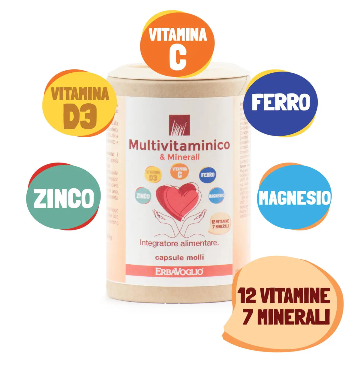 Erbavoglio Multivitamine und Mineralien Nahrungsergänzung in beiger Verpackung, enthält Vitamine und Mineralstoffe für die Gesundheit