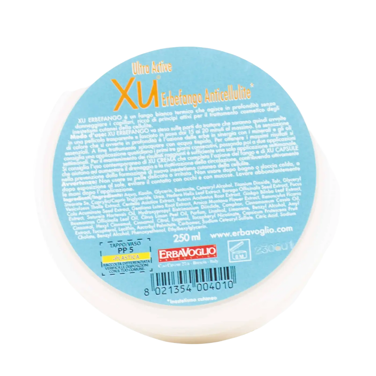 Erbavoglio Xu Herbregano Körperpflege gegen Cellulite, Varizen und Thrombose, zeigt die Anwendung und die Inhaltsstoffe in der Verpackung