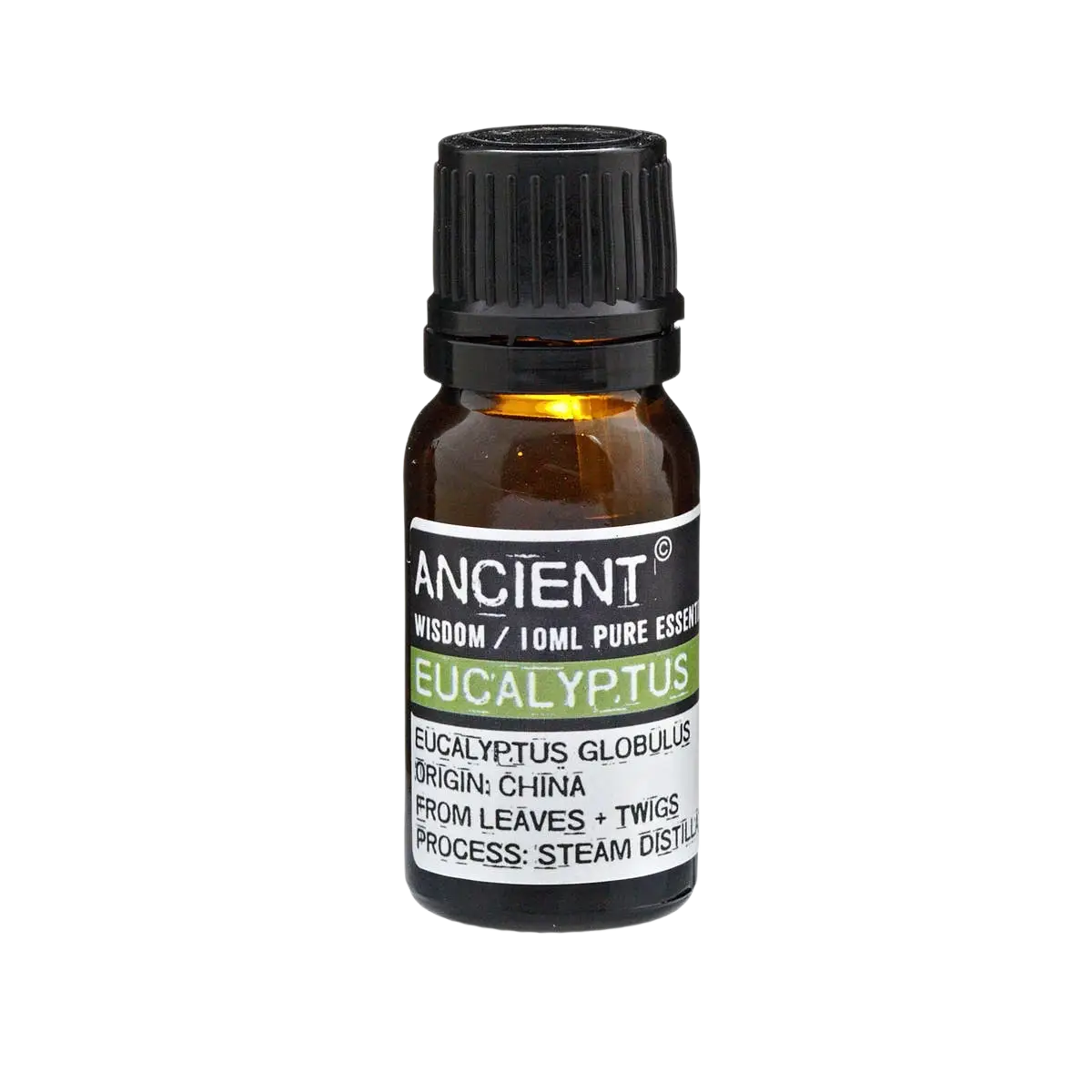 Kleine bernsteinfarbene glasflasche mit schwarzem knopfdruckverschluss und weißem etikett mit grünem akzent eukalyptus ätherisches öl 10 ml von mana shop