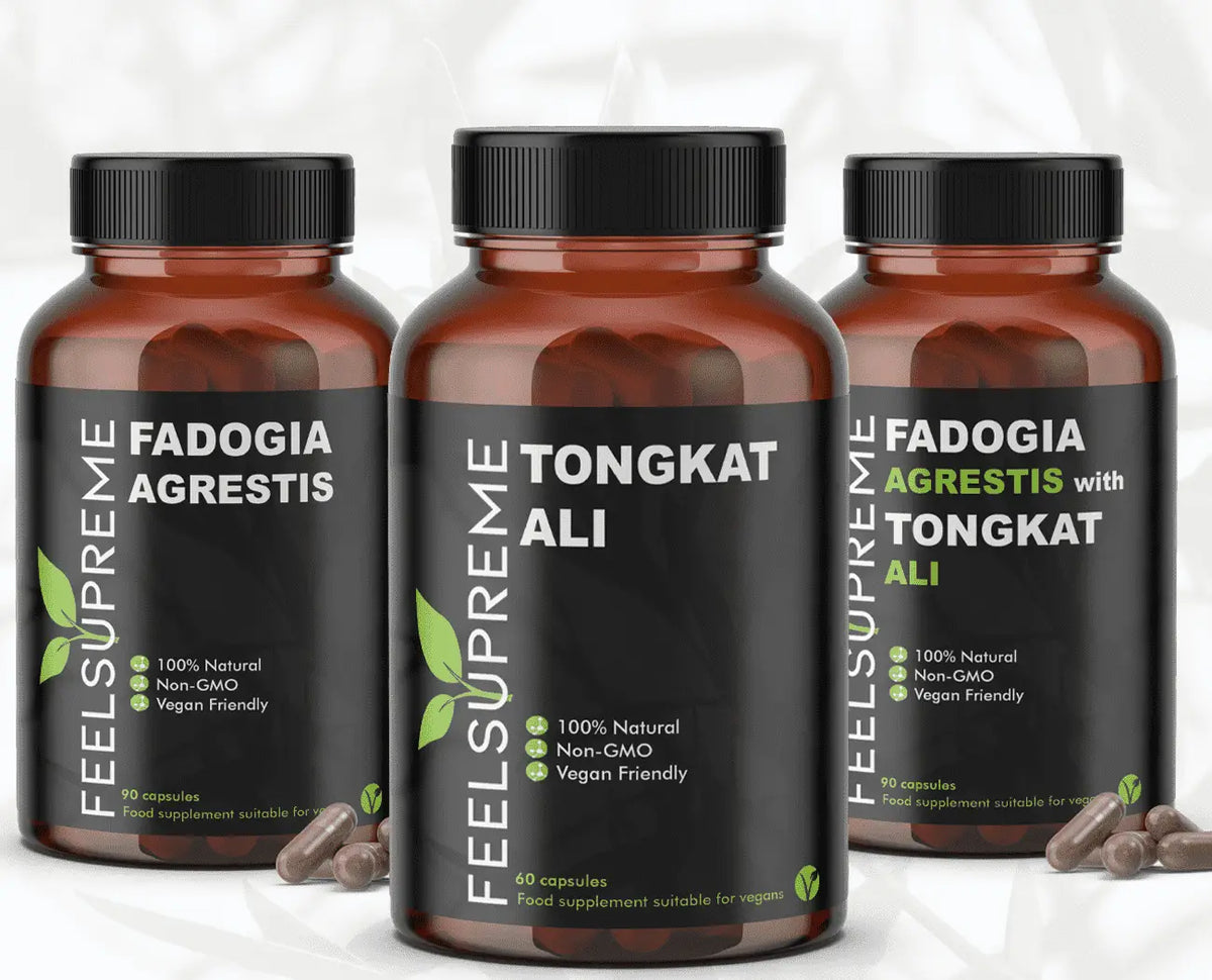 Fadogia Agrestis Nahrungsergänzung von Feel Supreme, natürliche Unterstützung für Testosteron, Flasche mit Kapseln sichtbar